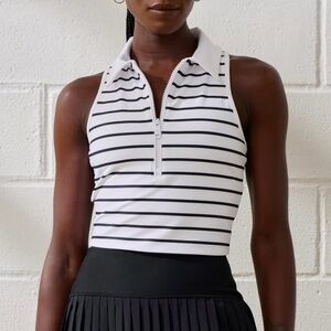 A&F YPB sculptLUX Workout Athletic Cropped Polo Tank White Striped Size Medium M
